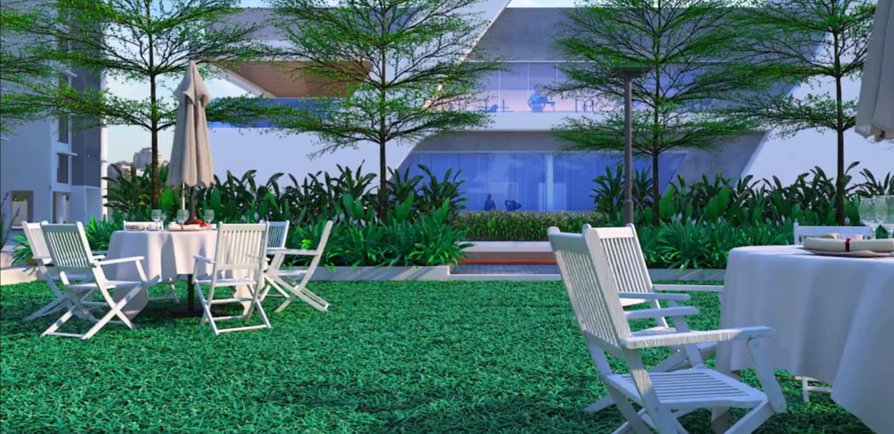 Landscaped social lawn and outdoor lifestyle setting at L&T Thanisandra Bangalore